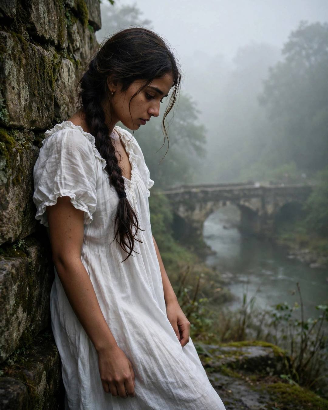 Sitting on her suitcase at the station, — girl portrait at bridge over a slow river, flowing white summer dress, long braid over one shoulder, grief and letting go, bittersweet mood, cinematic AI photo