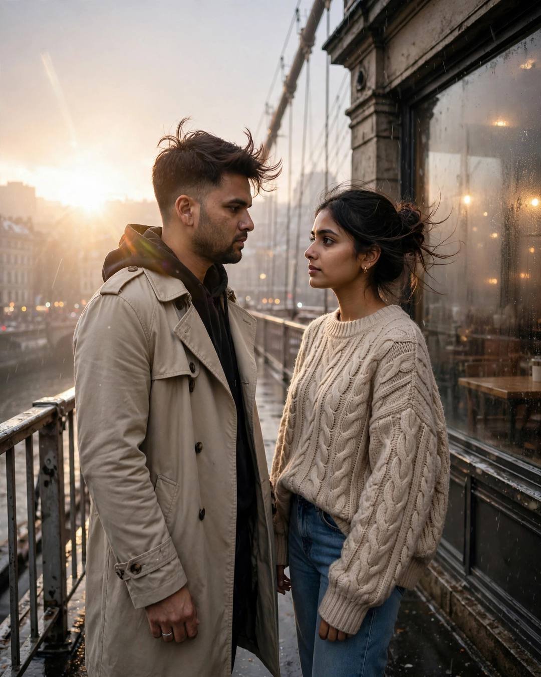 Tucking a goodbye note into his jacket — couple portrait at old cafe by a fogged window, beige trench coat over dark layers, windswept textured hair, one final look, melancholic mood, cinematic AI photo