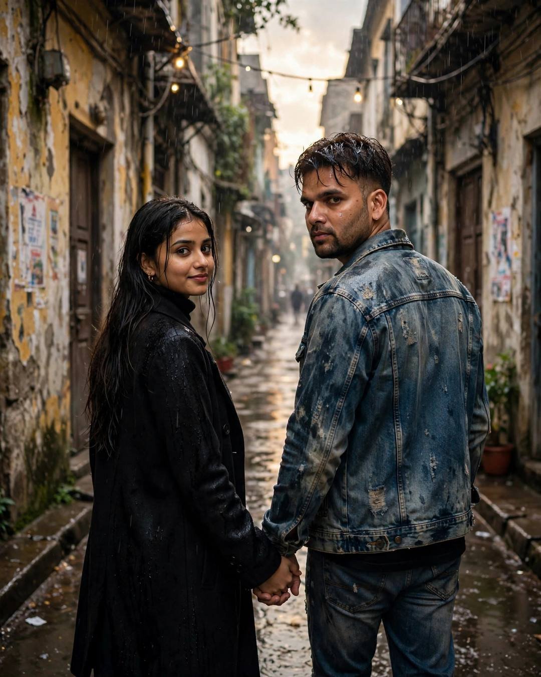 A final walk through their old neighbourhood — couple portrait at narrow old-city lane with peeling walls, distressed denim jacket over black tee, damp rain-wet hair, one final look, passionate mood, cinematic AI photo