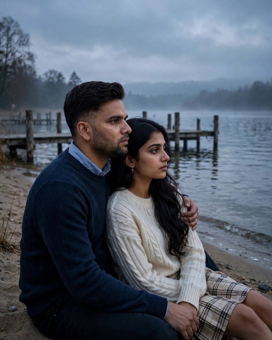 A long hug at departures that neither — couple portrait at dawn, navy sweater over collared shirt, neatly combed side part, one final look, melancholic mood, cinematic AI photo