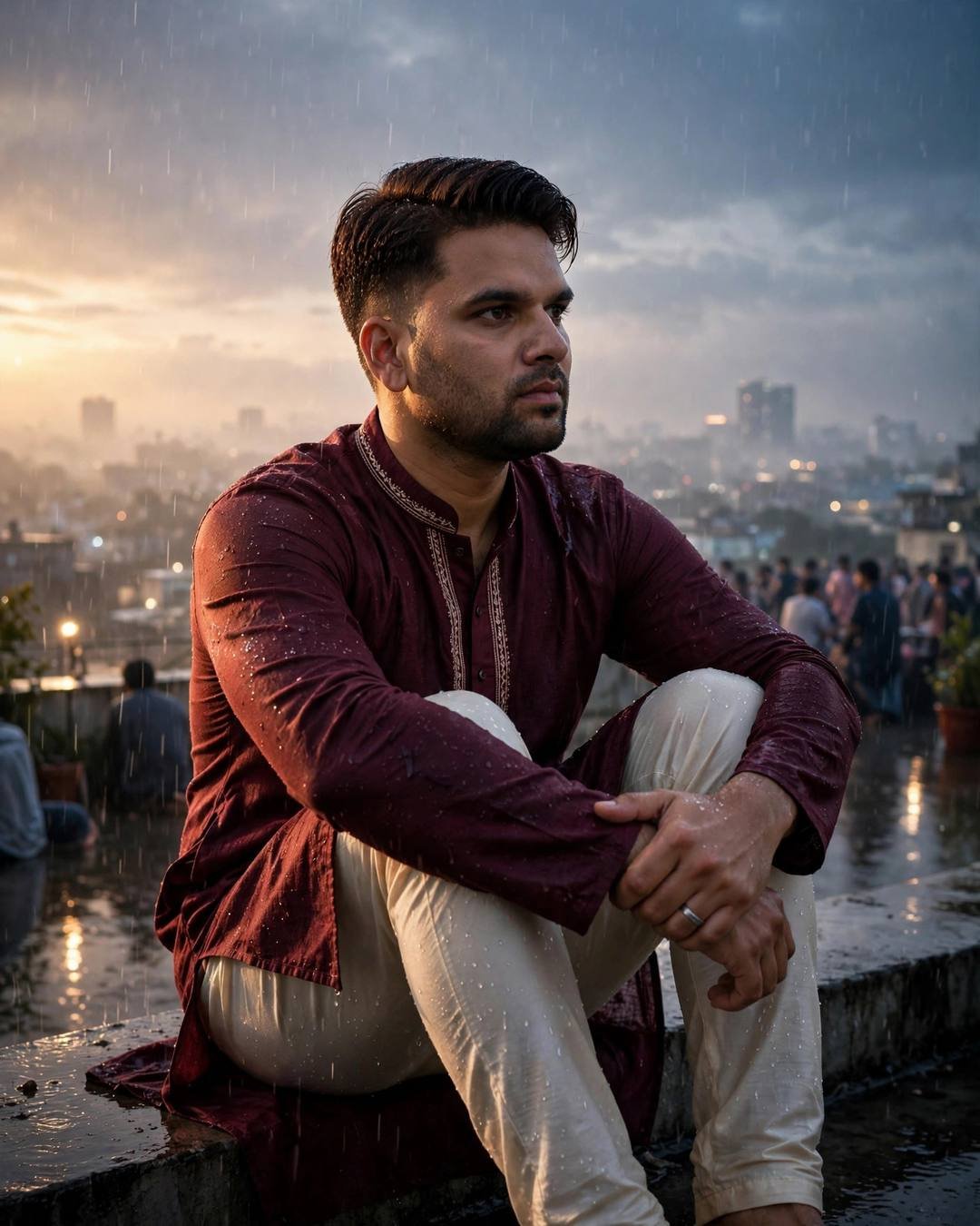 A single diya on his balcony on — boy portrait at rooftop overlooking sleeping city lights, maroon kurta with cream churidar, neatly combed side part, alone in a crowd, tender mood, cinematic AI photo