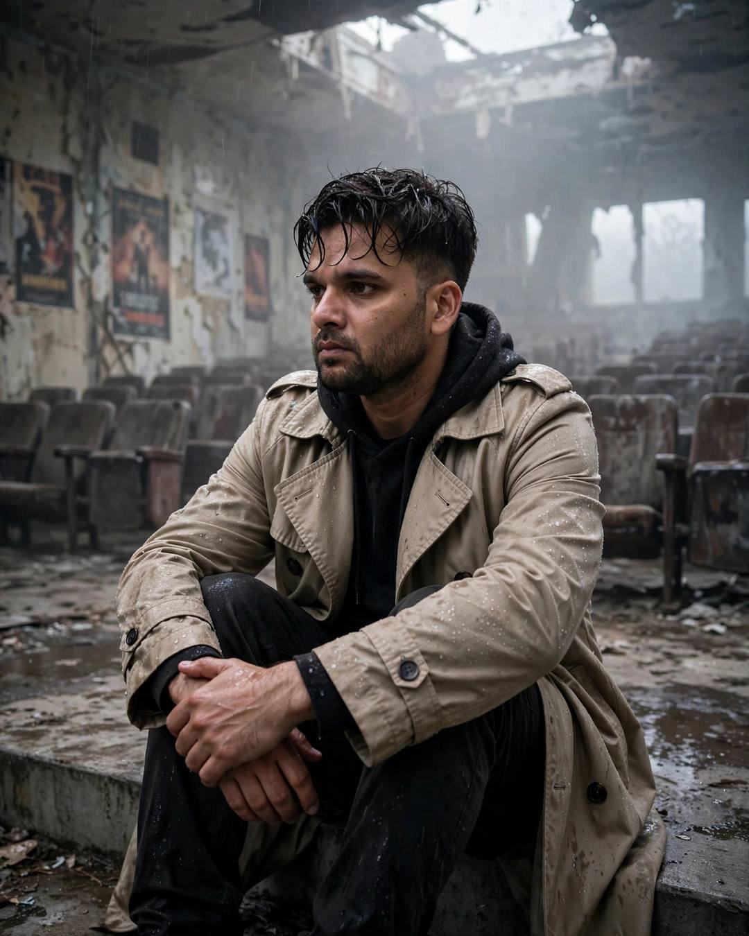 His kite stuck in a tree, watching — boy portrait at abandoned cinema hall, beige trench coat over dark layers, damp rain-wet hair, alone in a crowd, aching mood, cinematic AI photo