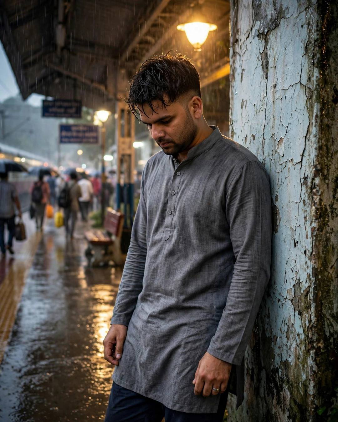 Feeding stray dogs at midnight, his only — boy portrait at night, grey kurta with dark pajama, towel-dried tousled hair, alone in a crowd, fragile mood, cinematic AI photo