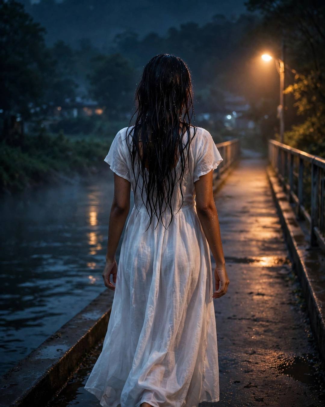 Reading in a park as couples walk — girl portrait at bridge over a slow river, flowing white summer dress, wet hair clinging softly, her own quiet world, bittersweet mood, cinematic AI photo