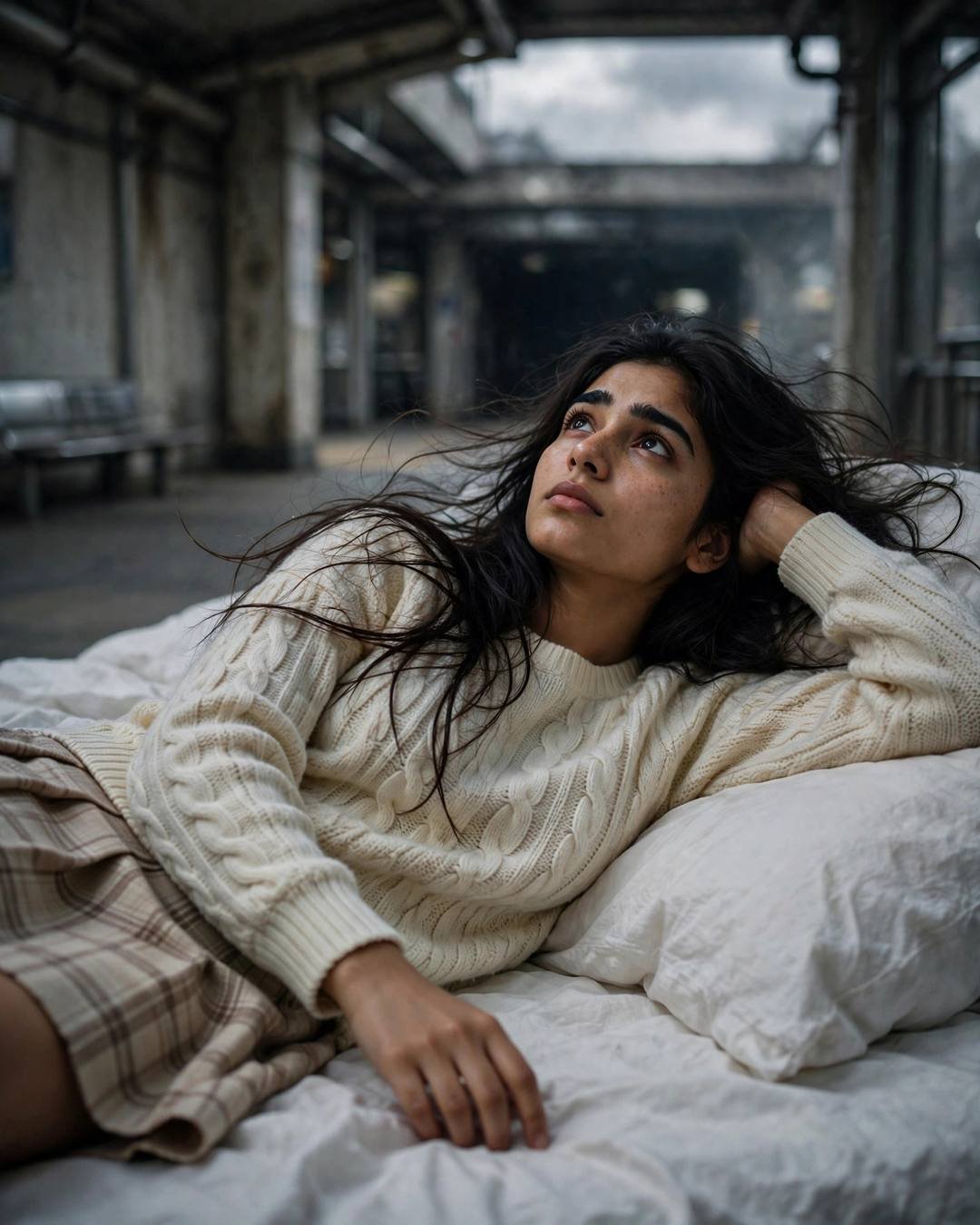 Watching fireworks alone from her balcony — girl portrait at midnight metro station, cream knit top and plaid skirt, loose open hair in the breeze, her own quiet world, bittersweet mood, cinematic AI photo