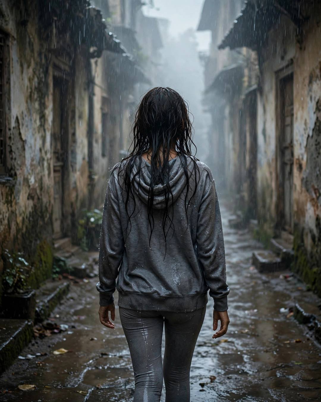 Brewing tea for one, cradling the warm — girl portrait at narrow old-city lane with peeling walls, grey hoodie and leggings, wet hair clinging softly, her own quiet world, wistful mood, cinematic AI photo