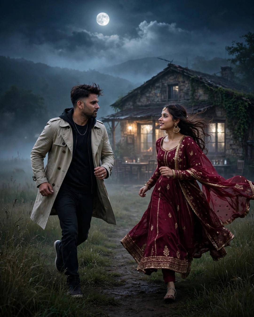 Her scarf tied to his suitcase handle — couple portrait at old cafe by a fogged window, beige trench coat over dark layers, windswept textured hair, miles apart, synced hearts, fragile mood, cinematic AI photo
