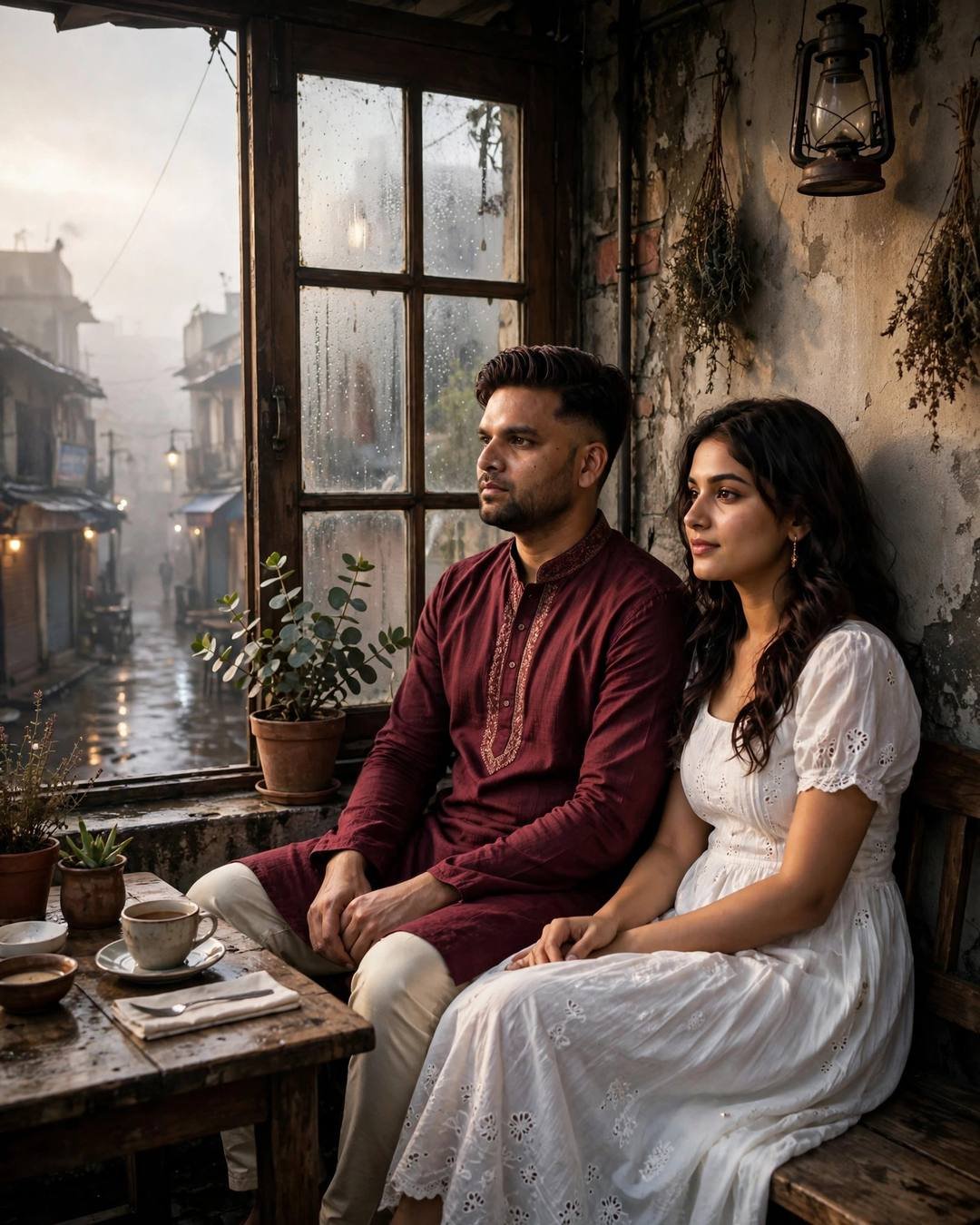 Her small photograph tucked inside his worn — couple portrait at old cafe by a fogged window, maroon kurta with cream churidar, neatly combed side part, miles apart, synced hearts, hopeful mood, cinematic AI photo