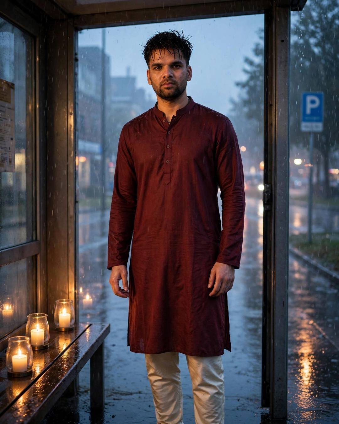 A sudden monsoon shower reminding him of — boy portrait at bus stop in the rain, maroon kurta with cream churidar, slightly messy morning hair, what could have been, hopeful mood, cinematic AI photo