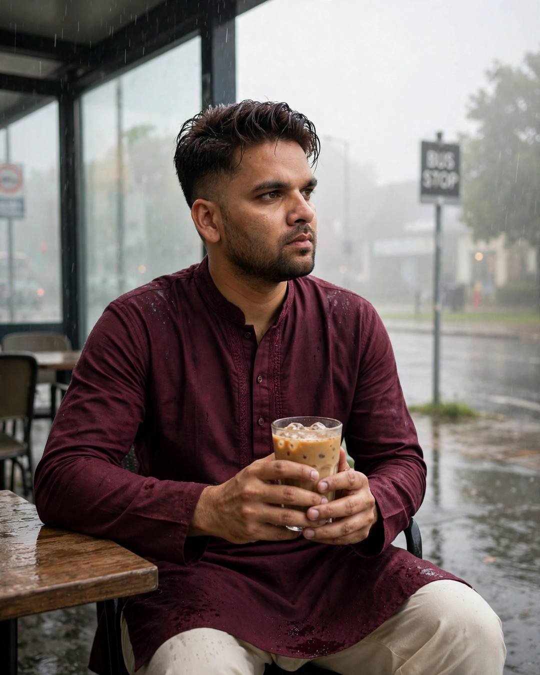 Their song playing in a stranger's car — boy portrait at bus stop in the rain, maroon kurta with cream churidar, windswept textured hair, what could have been, tender mood, cinematic AI photo