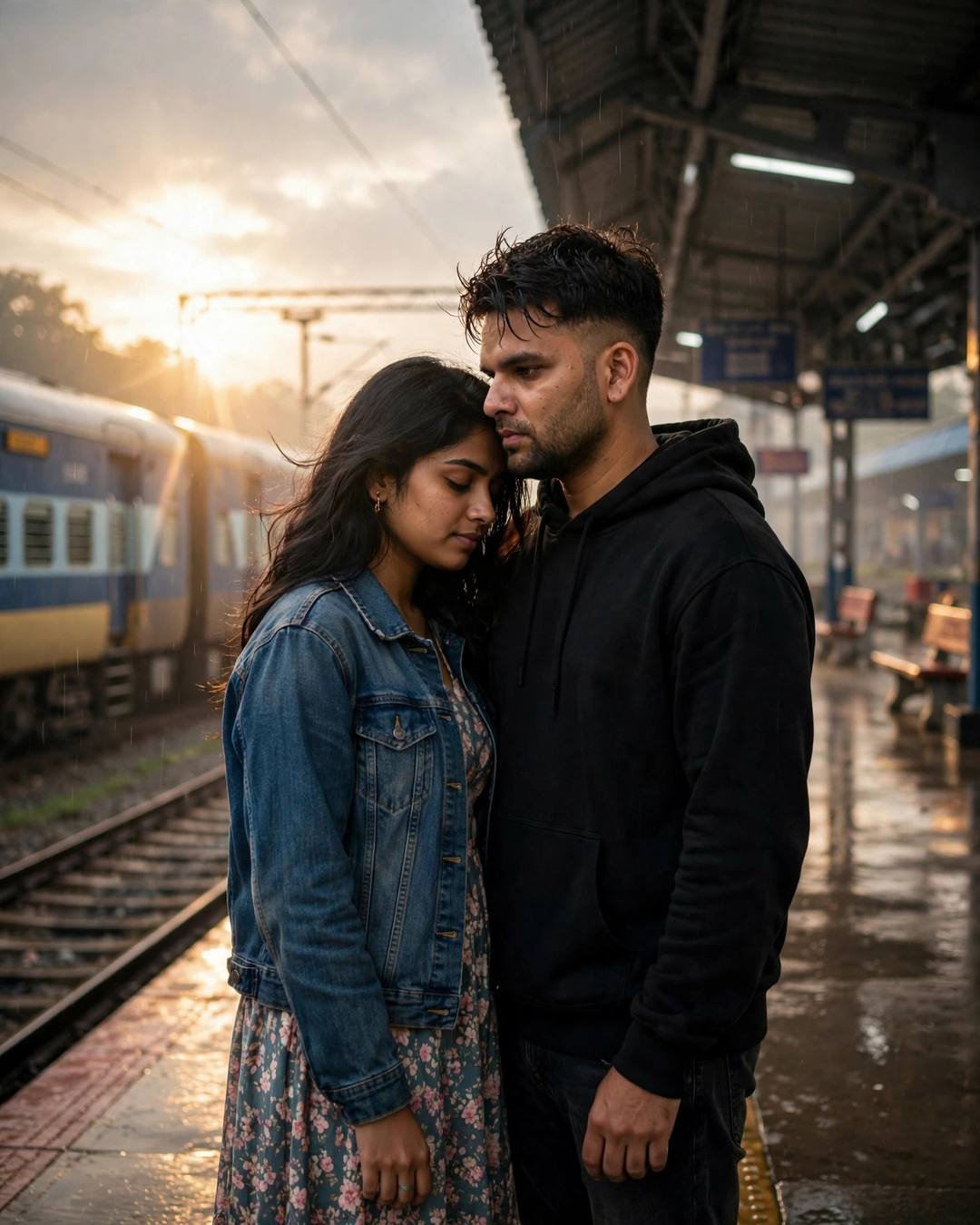 A monsoon proposal on one knee beneath — Love Story cinematic AI photo, black oversized hoodie and dark jeans, towel-dried tousled hair, one last hug at a railway platform as the train waits at empty railway platform at night; overcast gloom, dawn with golden-hour backlight with lens flare