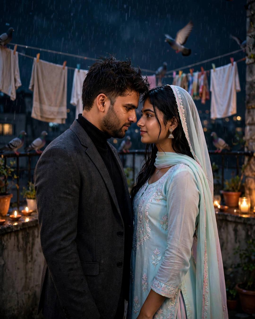 Their story told in train tickets kept — Love Story cinematic AI photo, charcoal blazer, black turtleneck, towel-dried tousled hair, standing face to face, foreheads almost touching at terrace with drying clothes lines and pigeons; drizzle, midnight with candlelight warmth in darkness