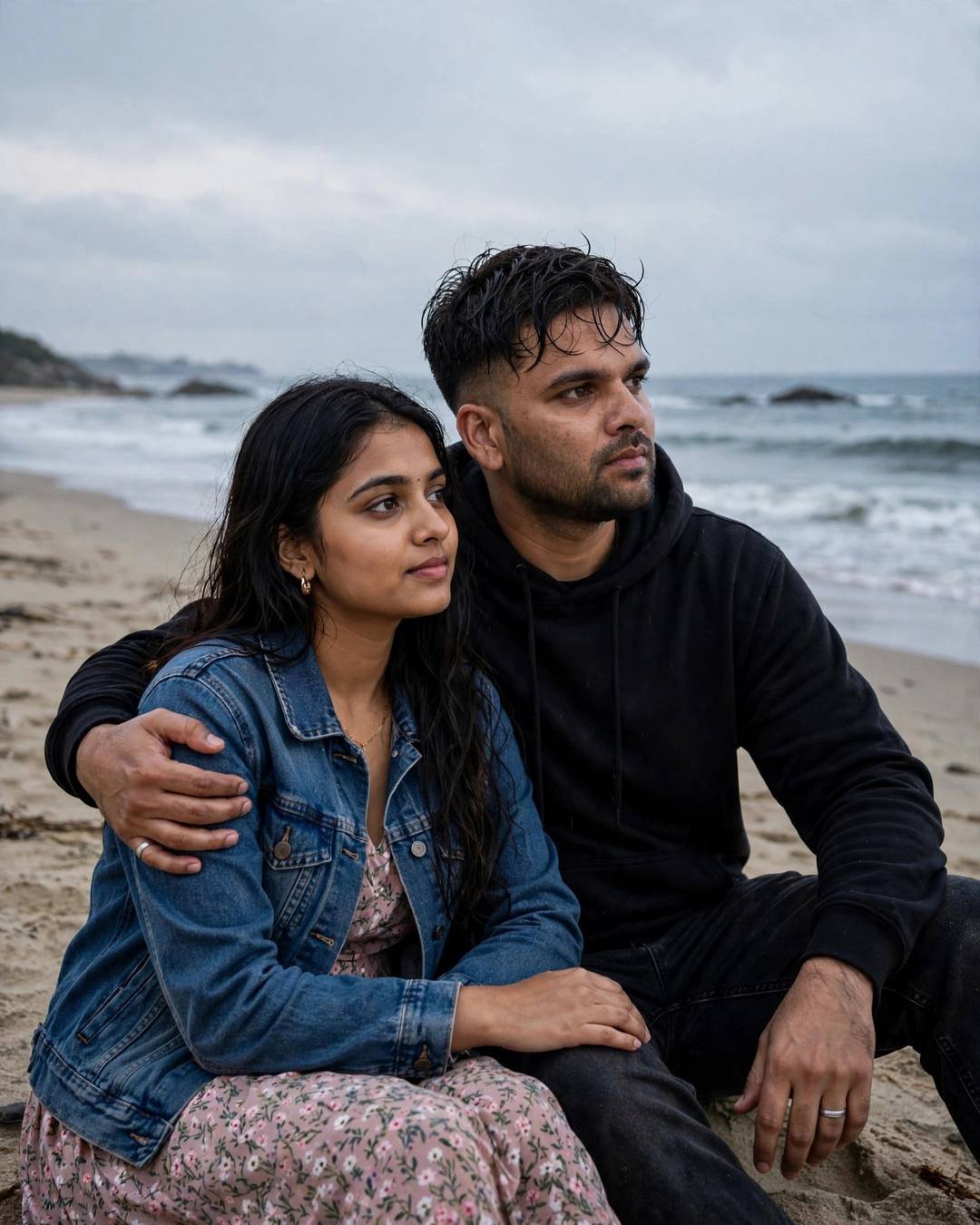 Cooking a messy anniversary dinner with flour — Love Story cinematic AI photo, black oversized hoodie and dark jeans, damp rain-wet hair, sitting on the sand watching the waves, his arm around her at deserted beach at dusk; clear cold night, late evening with diffused overcast daylight