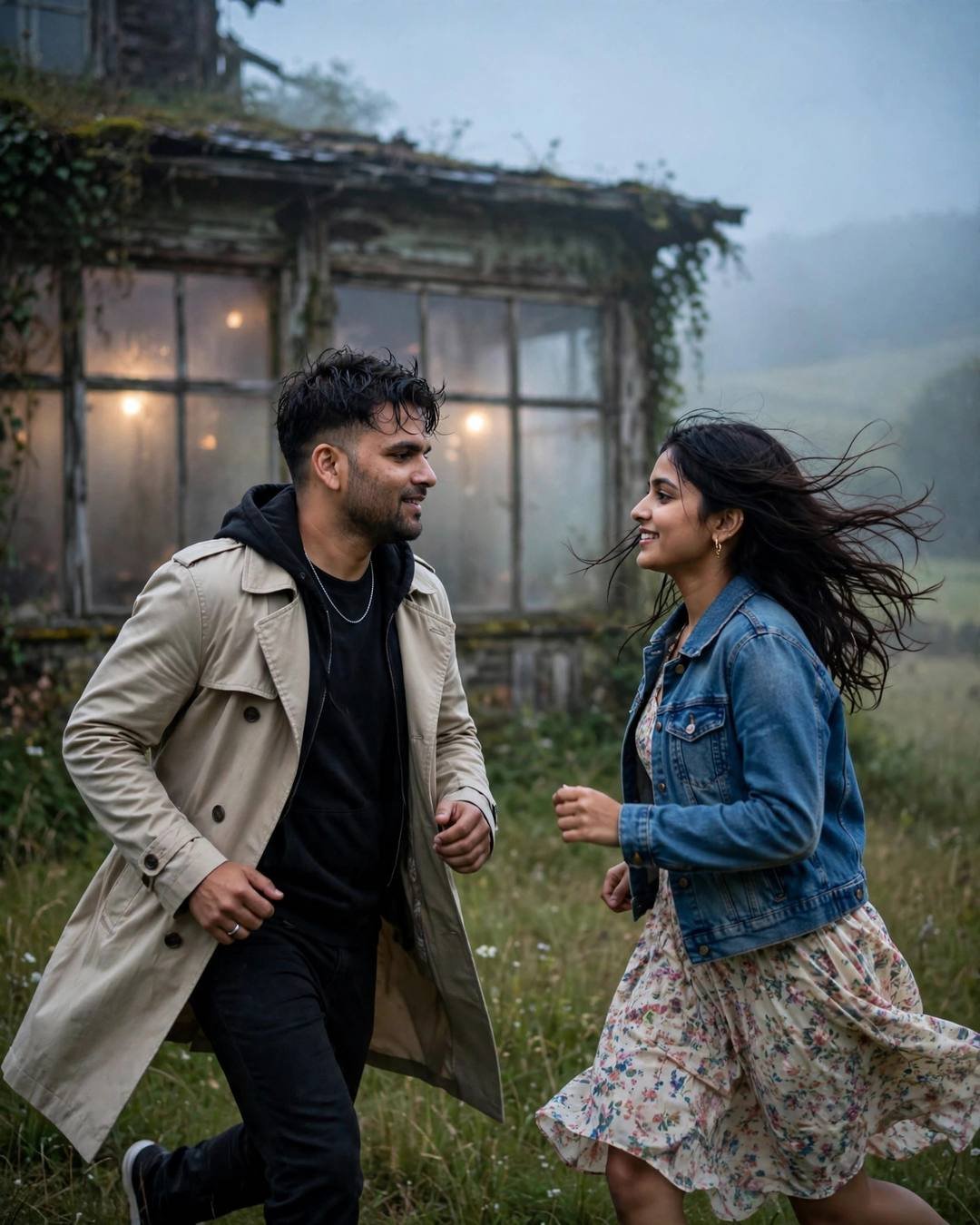 Chapter one: strangers sharing an auto in — Love Story cinematic AI photo, beige trench coat over dark layers, towel-dried tousled hair, running toward each other across a sunlit field at old cafe by a fogged window; overcast gloom, overcast afternoon with soft blue-hour glow