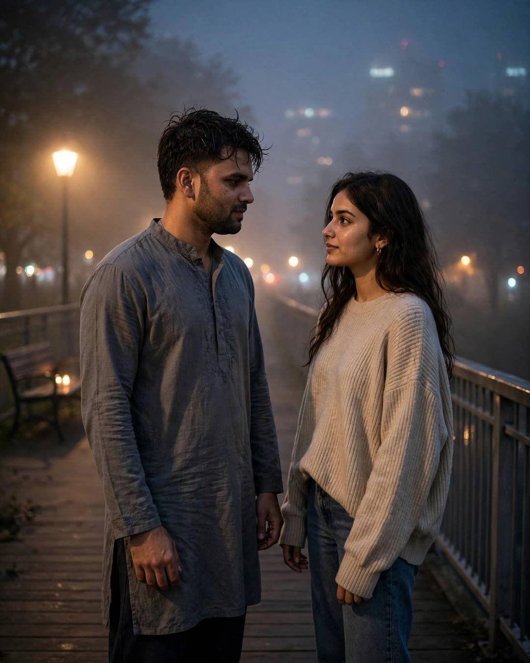Freezing mid-step when their eyes suddenly meet — Meeting After Years cinematic AI photo, grey kurta with dark pajama, towel-dried tousled hair, standing on a bridge, looking at each other while the city blurs at park bench under a lone lamp; dense fog, late evening with candlelight warmth in darkness