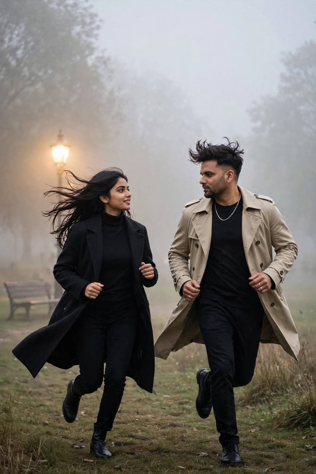 A chance meeting among the bright crowded — Meeting After Years cinematic AI photo, beige trench coat over dark layers, windswept textured hair, running toward each other across a sunlit field at park bench under a lone lamp; overcast gloom, midnight with pale dawn light through fog