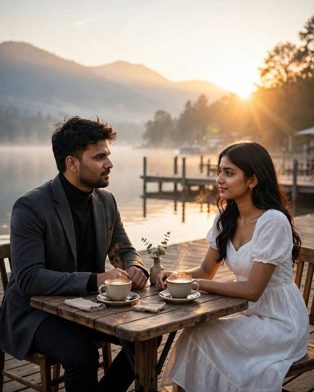 The same old cinema queue, both somehow — Meeting After Years cinematic AI photo, charcoal blazer, black turtleneck, slightly messy morning hair, sitting across a small cafe table, hands almost touching over cups at quiet lake pier at dawn; clear cold night, golden hour with golden-hour backlight with lens flare