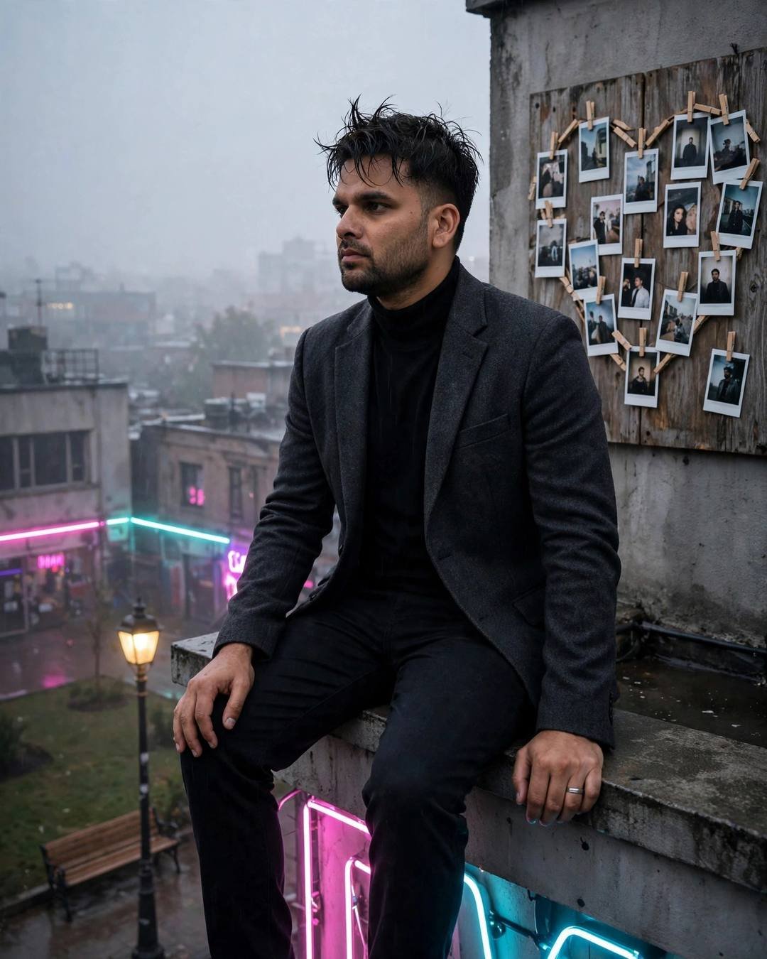 A rusted iron key to the house — Memories cinematic AI photo, charcoal blazer, black turtleneck, towel-dried tousled hair, sitting on a rooftop ledge, legs dangling over the edge at park bench under a lone lamp; overcast gloom, dawn with neon pink and cyan spill