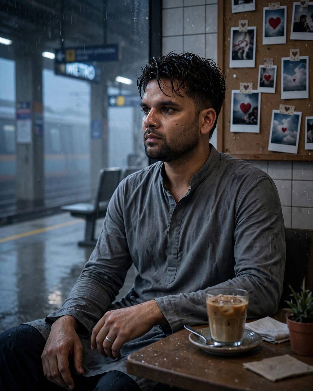 Watching grainy old home videos alone in — Memories cinematic AI photo, grey kurta with dark pajama, damp rain-wet hair, sitting at a cafe table, cradling a cold coffee, lost in thought at midnight metro station; dense fog, blue hour with diffused overcast daylight