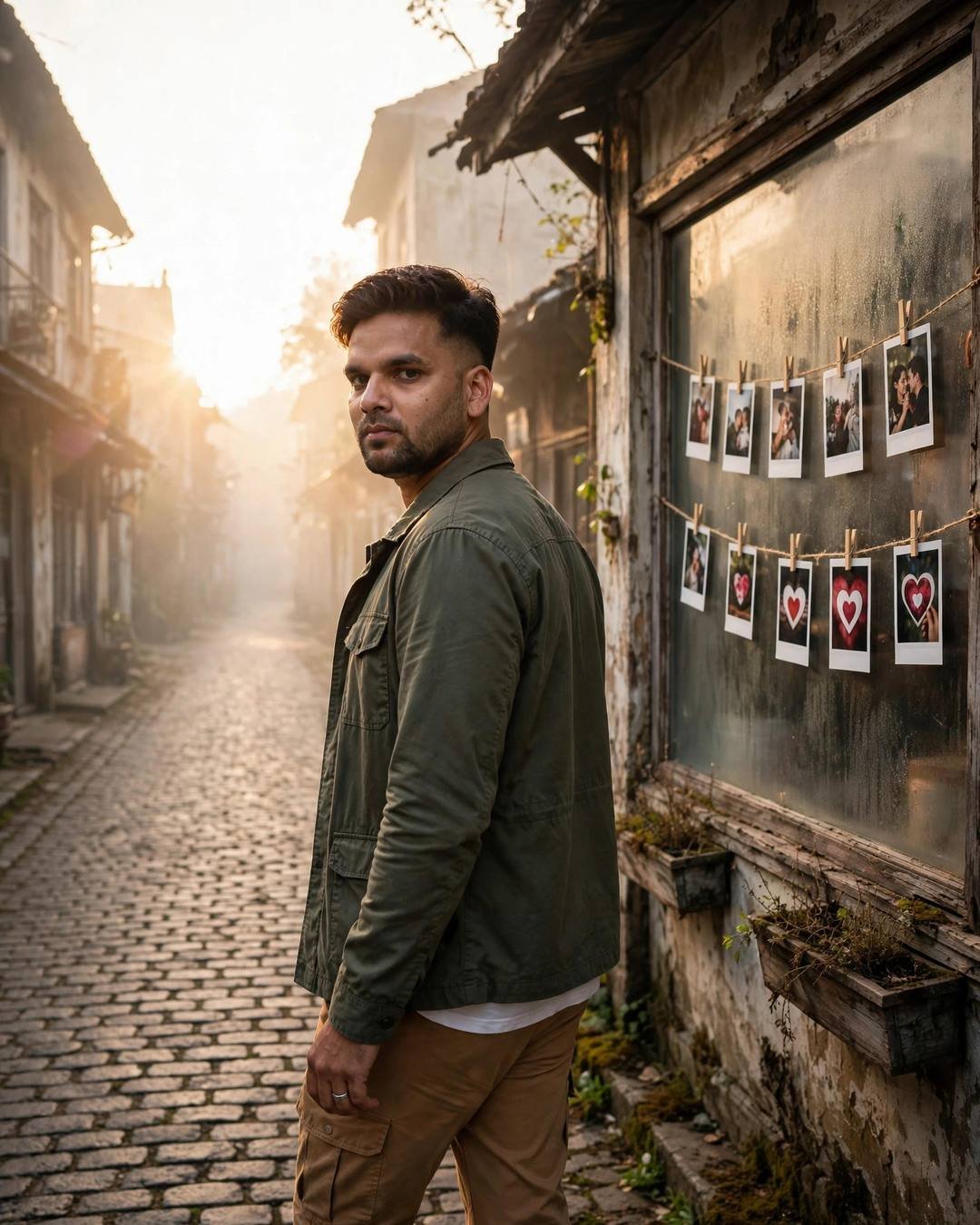 An old shoebox of photos on his — Memories cinematic AI photo, olive field jacket, white tee, cargo pants, neatly combed side part, walking away from the camera down an empty path at old cafe by a fogged window; overcast gloom, dawn with golden-hour backlight with lens flare