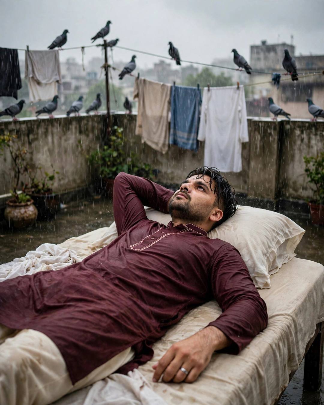 Hearing their song at a stranger's wedding, — boy portrait at terrace with drying clothes lines and pigeons, maroon kurta with cream churidar, damp rain-wet hair, the weight of absence, fragile mood, cinematic AI photo