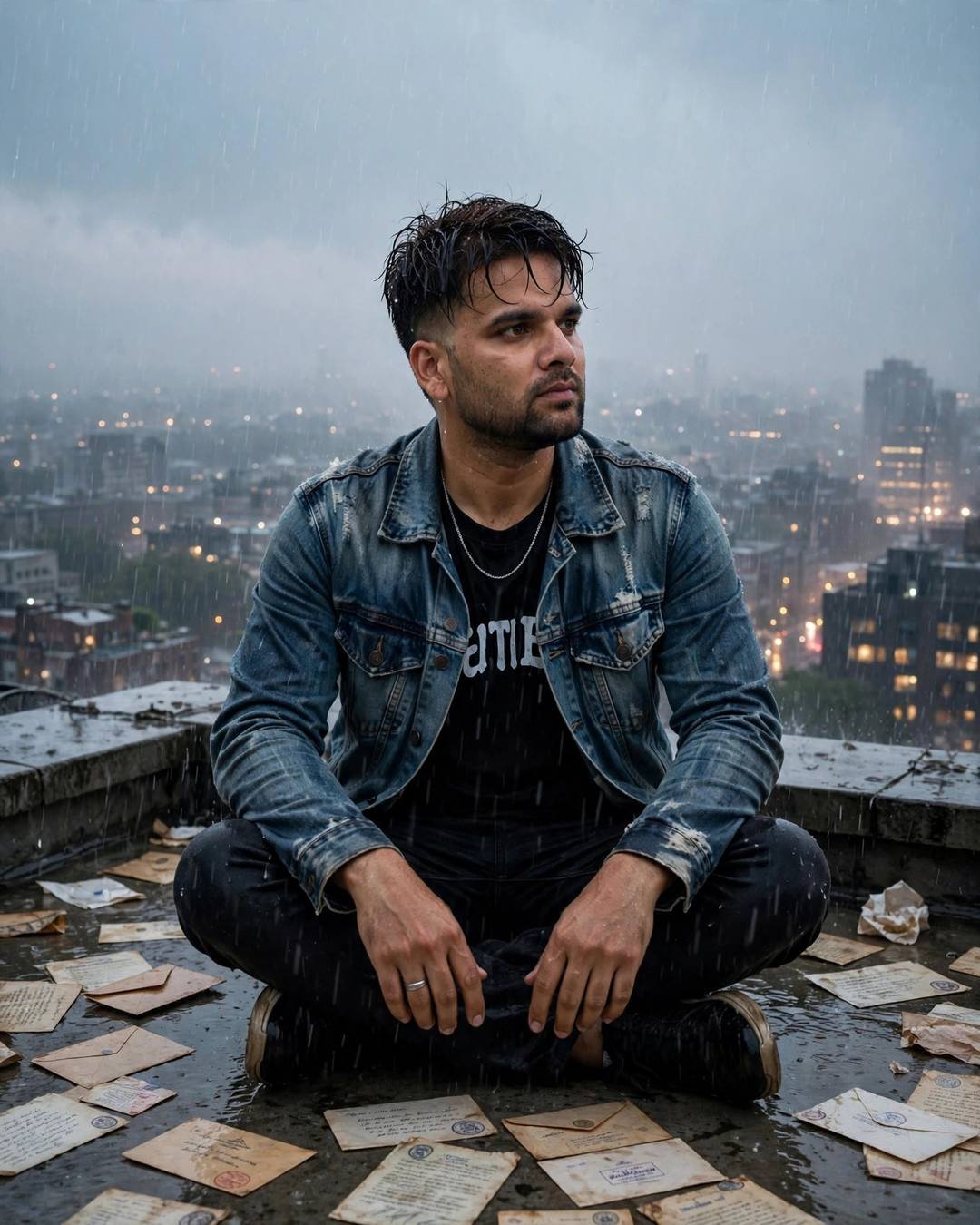 Cooking her favourite dish, eating alone — boy portrait at rooftop overlooking sleeping city lights, distressed denim jacket over black tee, damp rain-wet hair, the weight of absence, hopeful mood, cinematic AI photo