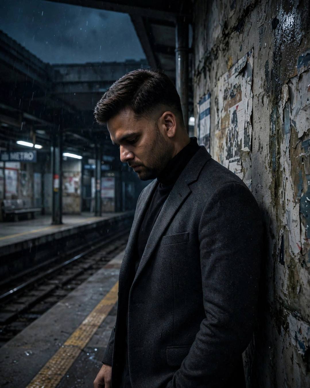 Setting two cups of chai out of — boy portrait at midnight metro station, charcoal blazer, black turtleneck, neatly combed side part, the weight of absence, fragile mood, cinematic AI photo