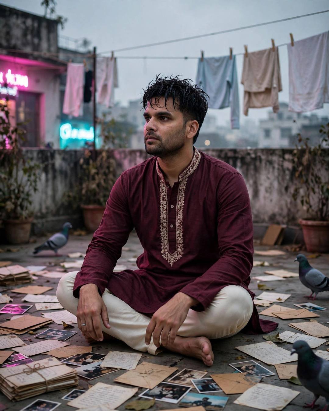 Keeping her toothbrush beside his, untouched and — boy portrait at terrace with drying clothes lines and pigeons, maroon kurta with cream churidar, towel-dried tousled hair, the weight of absence, hopeful mood, cinematic AI photo