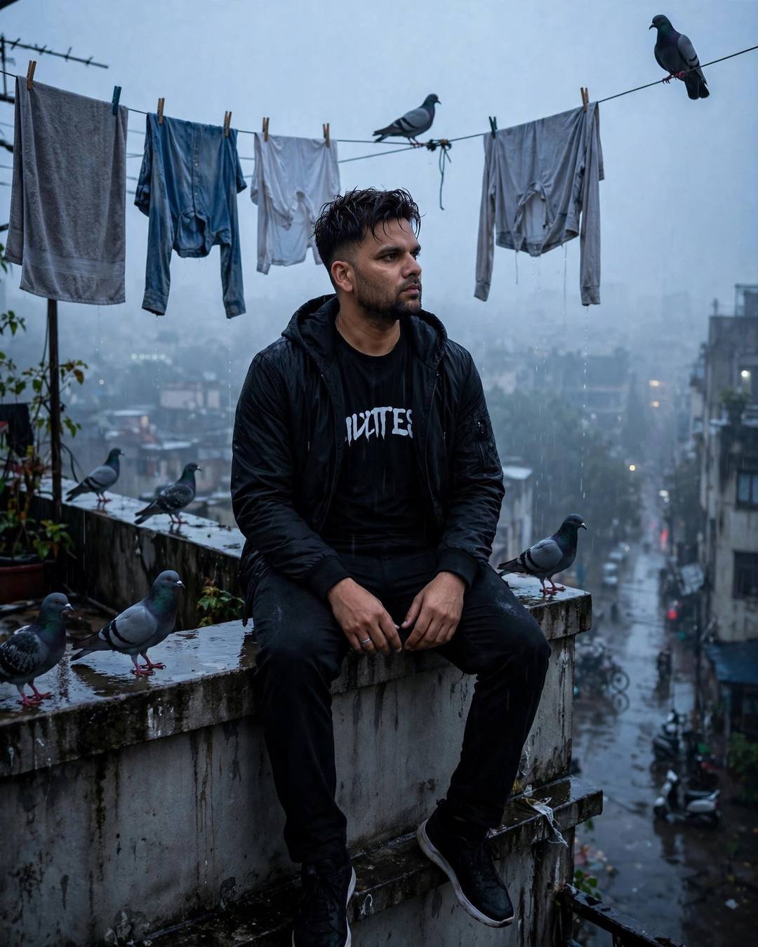 The pale blue glow of dawn finding — Moody Boy cinematic AI photo, all-black streetwear with sneakers, damp rain-wet hair, sitting on a rooftop ledge, legs dangling over the edge at terrace with drying clothes lines and pigeons; post-rain wet streets, blue hour with pale dawn light through fog