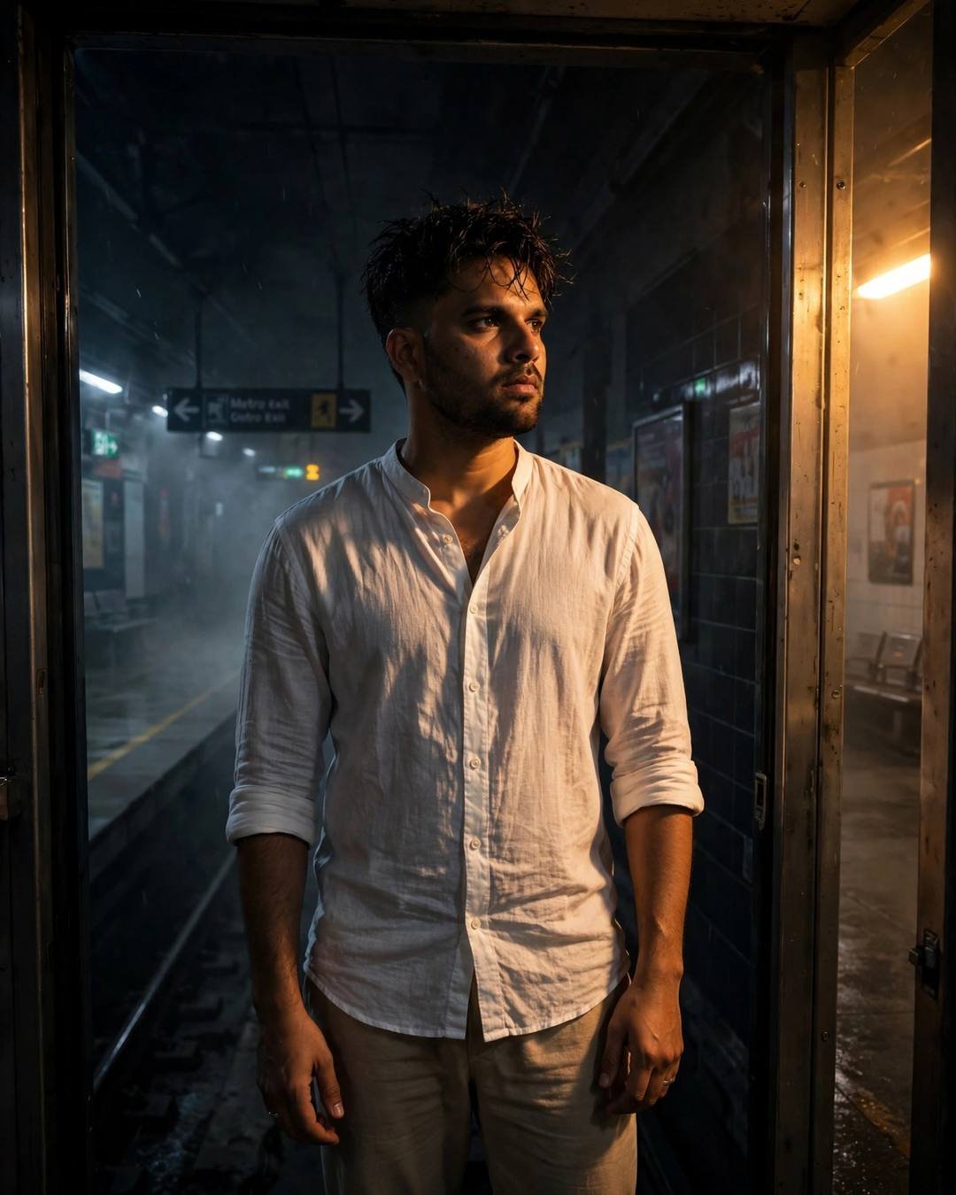 His old guitar resting untouched beside him — Moody Boy cinematic AI photo, white linen shirt with rolled sleeves, beige trousers, towel-dried tousled hair, standing in a doorway, half in shadow at midnight metro station; dense fog, late evening with dramatic single-source side light