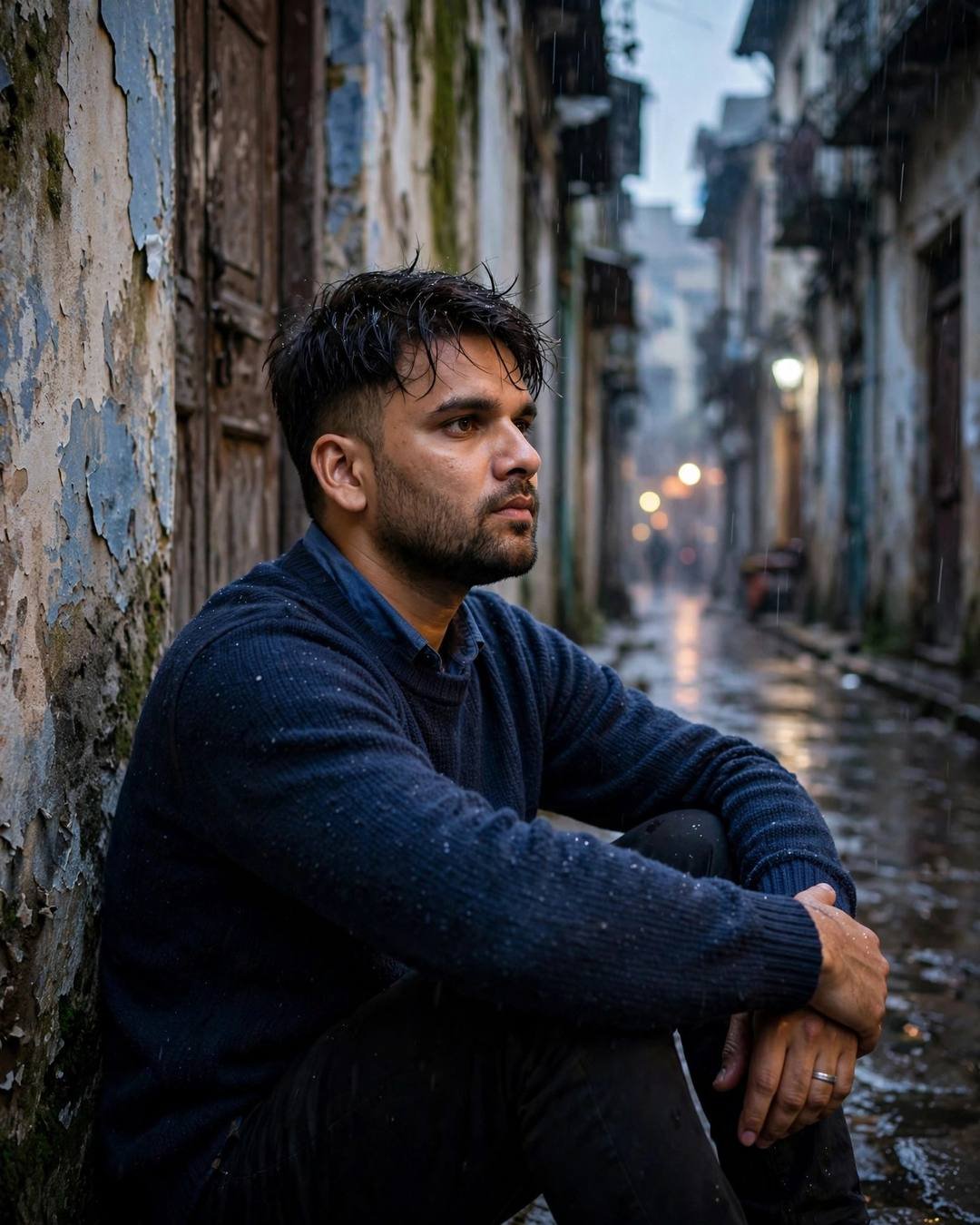 Lying flat on the terrace floor watching — Moody Boy cinematic AI photo, navy sweater over collared shirt, slightly messy morning hair, sitting with knees drawn up, arms wrapped around legs at narrow old-city lane with peeling walls; drizzle, blue hour with rain-diffused city glow
