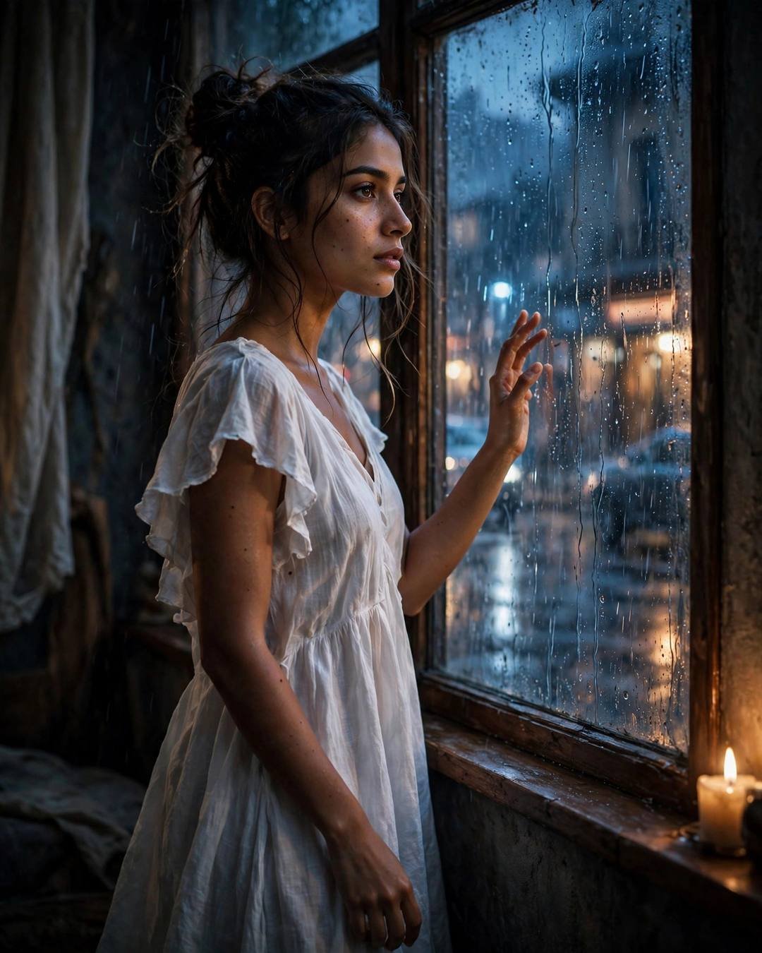 Mascara slightly smudged, unbothered — Moody Girl cinematic AI photo, flowing white summer dress, messy bun with stray strands, standing at a rain-streaked window, one hand on the glass at rain-soaked city street; drizzle, blue hour with candlelight warmth in darkness