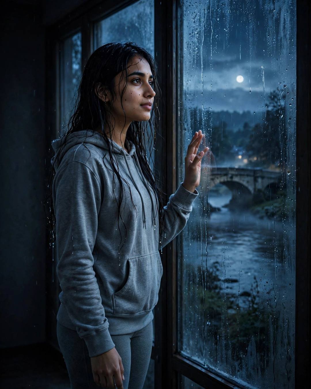 Kajal eyes watching the rain — Moody Girl cinematic AI photo, grey hoodie and leggings, wet hair clinging softly, standing at a rain-streaked window, one hand on the glass at bridge over a slow river; clear cold night, blue hour with moonlight with deep shadows