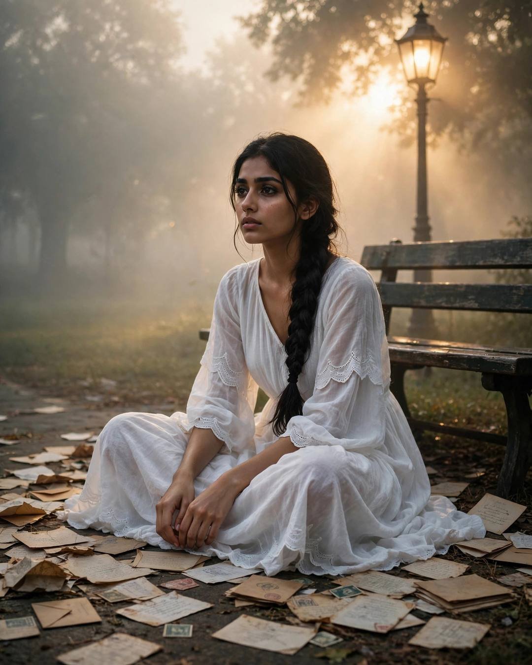 A half-written poem on her desk — Moody Girl cinematic AI photo, flowing white summer dress, long braid over one shoulder, sitting cross-legged on the floor surrounded by old letters at park bench under a lone lamp; dense fog, dawn with golden-hour backlight with lens flare
