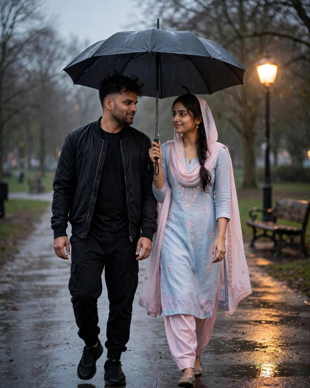 Sharing one bright yellow umbrella beneath a — Nature Couple portrait, all-black streetwear with sneakers, cinematic mood photography