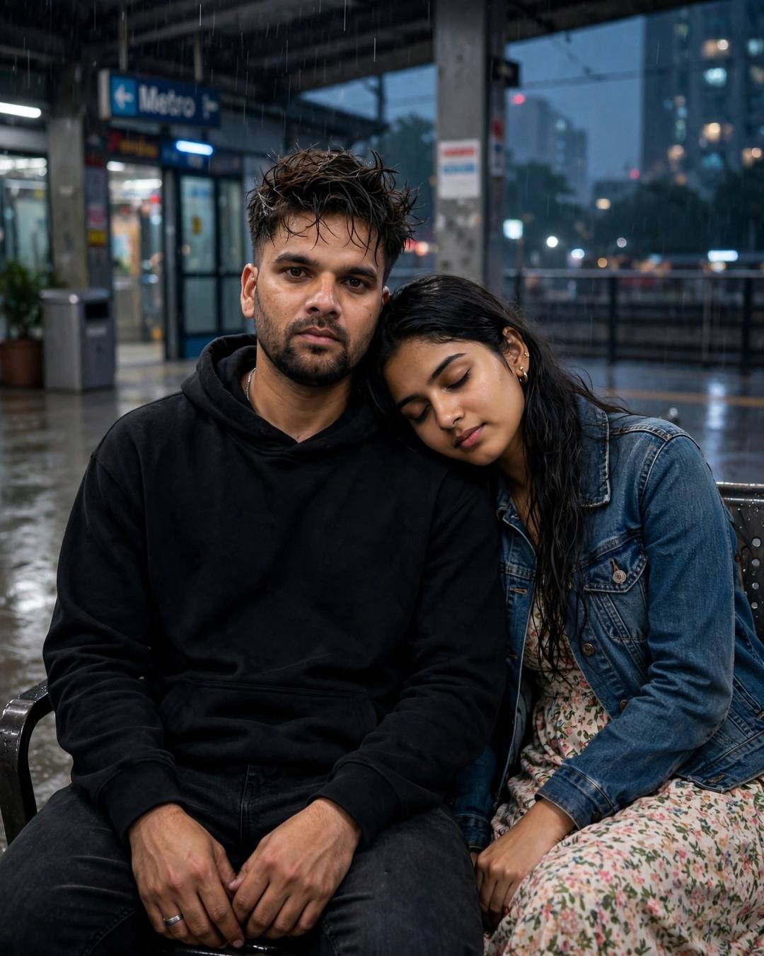 Cycling through tea gardens — Nature Couple portrait, black oversized hoodie and dark jeans, cinematic mood photography