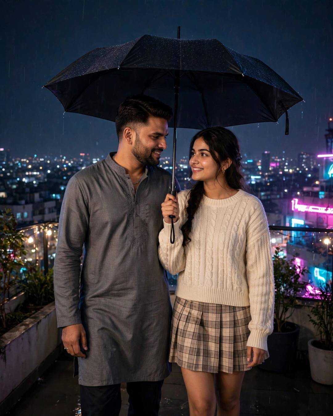 Swinging in a hammock as heavy monsoon — Nature Couple portrait, grey kurta with dark pajama, cinematic mood photography