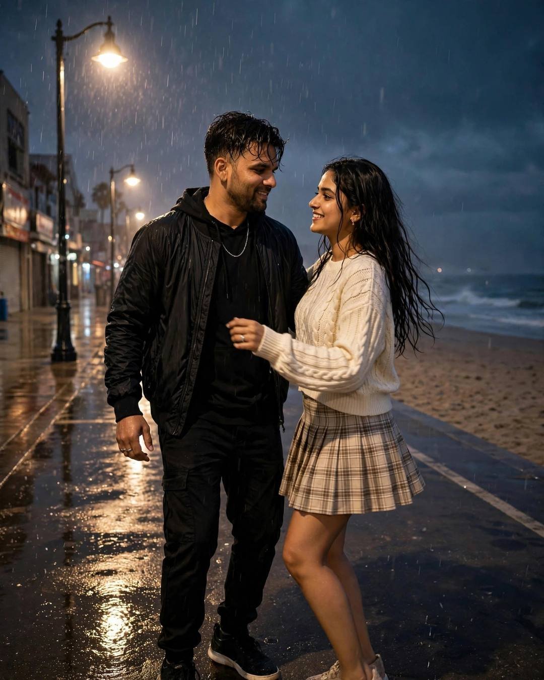 Their small boat drifting through lotus blooms, — Nature Couple portrait, all-black streetwear with sneakers, cinematic mood photography