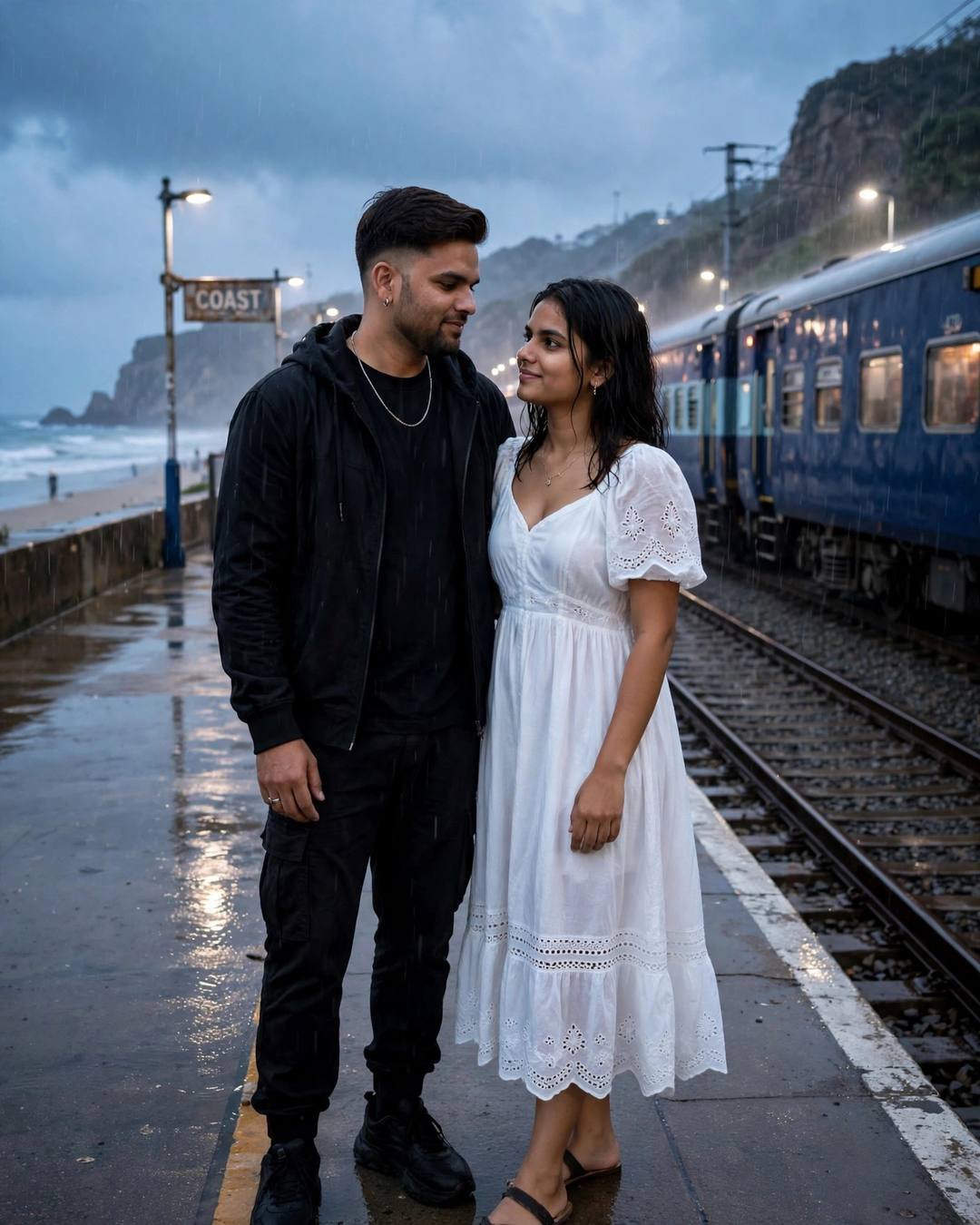 Couple standing close on a wet coastal railway platform beside a blue train at dusk in light rain, man in all-black streetwear, woman in flowing white summer dress, beach behind