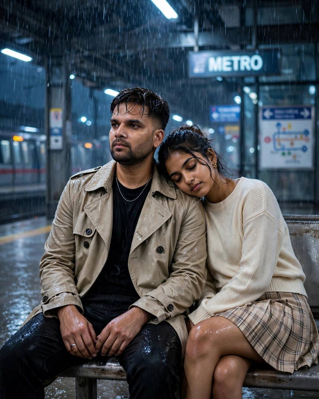 Couple sitting close on a bench at a midnight metro station in heavy rain, woman resting her head on the man's shoulder, man in beige trench coat, woman in cream knit top and plaid skirt
