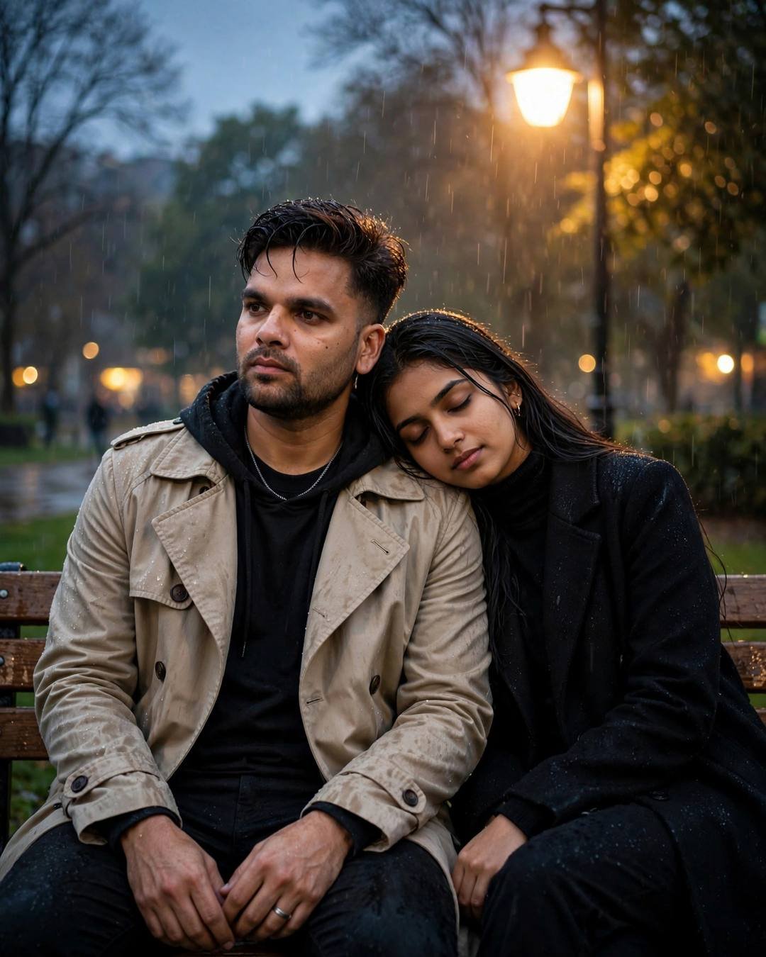 Couple sitting close on a park bench under a lone lamp at blue hour, woman resting her head on the man's shoulder with eyes closed, man in beige trench coat, woman in black turtleneck with long coat