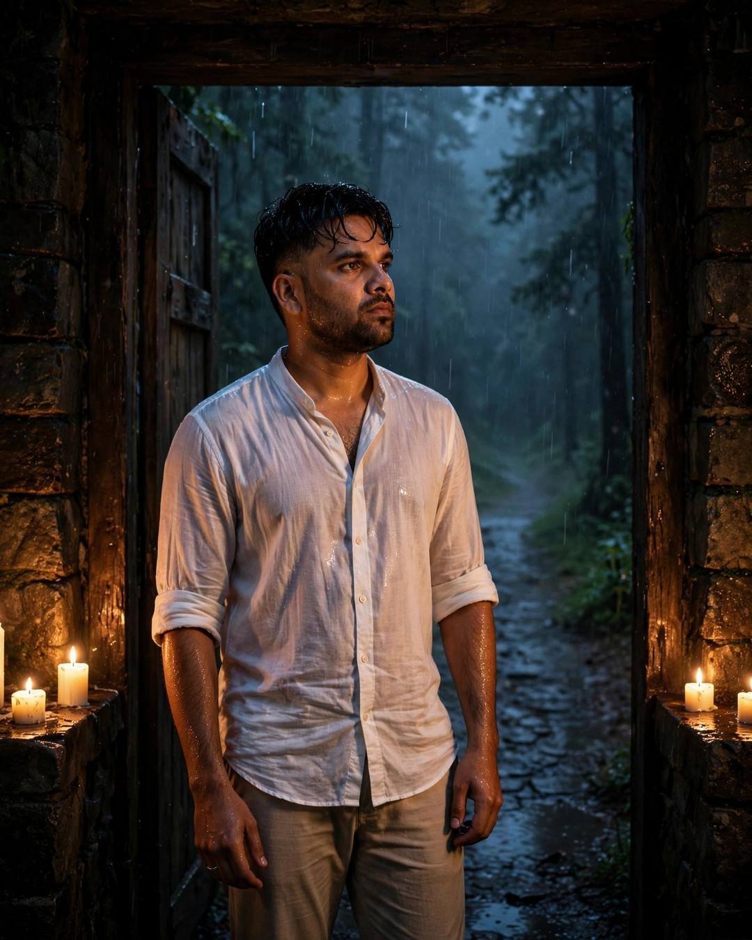 Rehearsing his proposal speech to an empty — One-Sided Love AI portrait, white linen shirt with rolled sleeves, beige trousers, damp rain-wet hair, at a doorway on a misty forest path at midnight