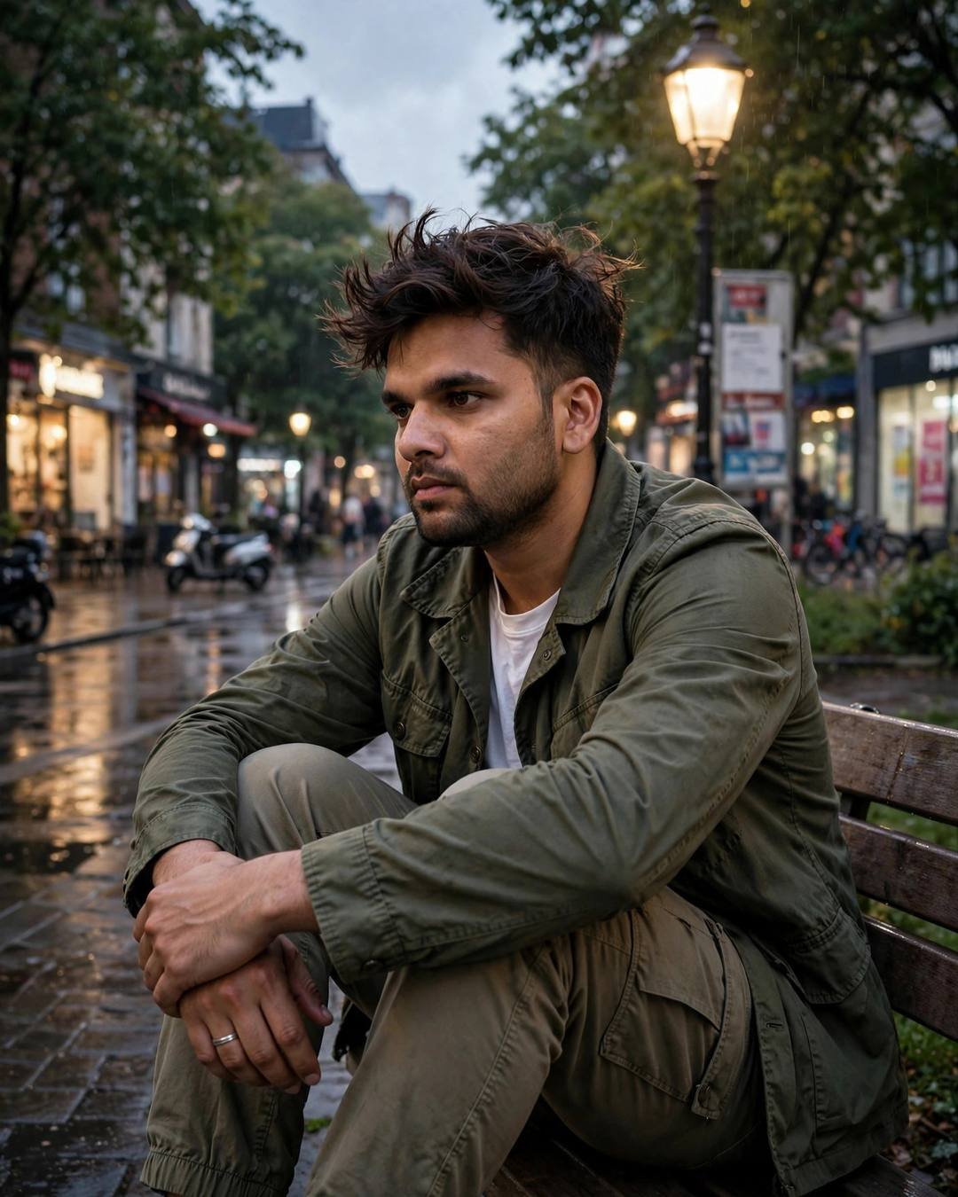 Two wet footprints in spilled tea beside — Railway Station portrait, olive field jacket, cinematic mood photography