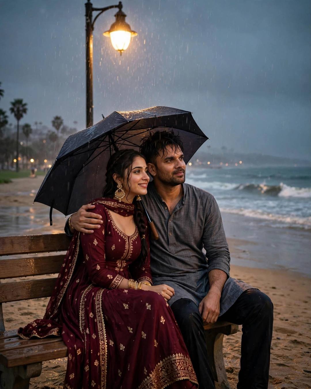 Couple on a beach bench under an umbrella beside a lone lamp in light rain, man in grey kurta, woman in maroon anarkali with gold jhumkas, waves behind them