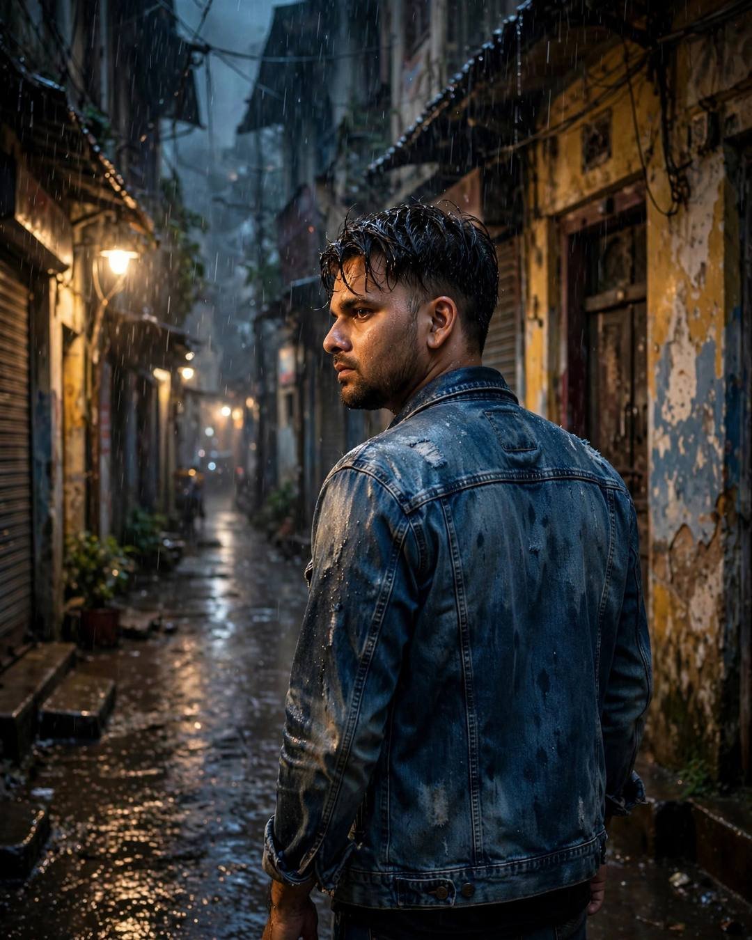 Man in distressed denim jacket looking over his shoulder in a narrow rainy old-city lane at midnight