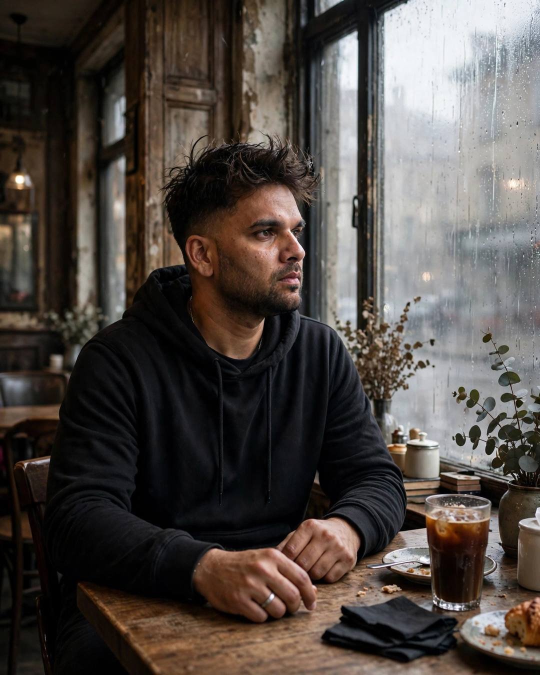 Man in all-black streetwear sitting at a cafe table with cold coffee by a fogged rainy window at dawn