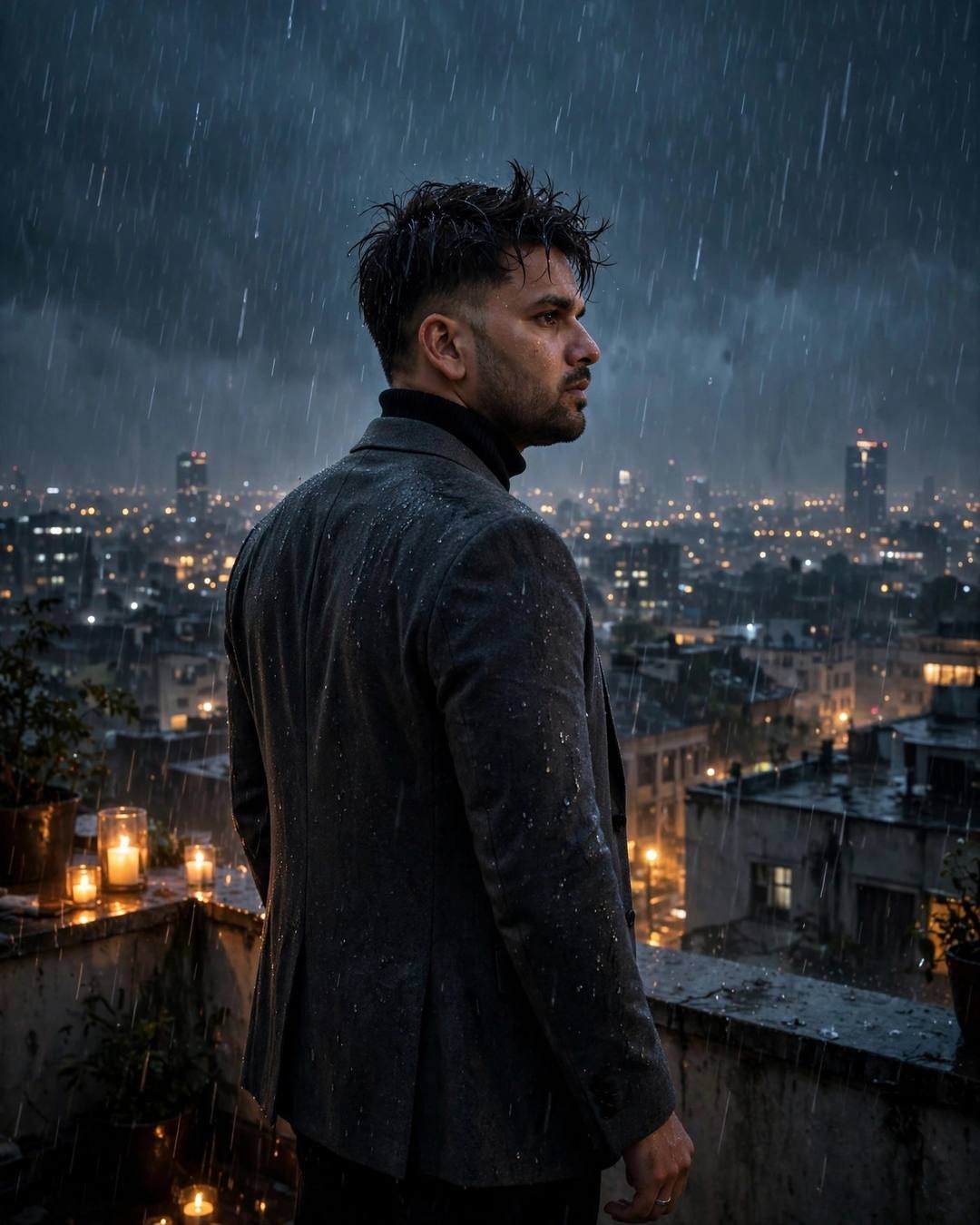 Man in charcoal blazer and black turtleneck on a rainy rooftop overlooking city lights with candles, looking over his shoulder