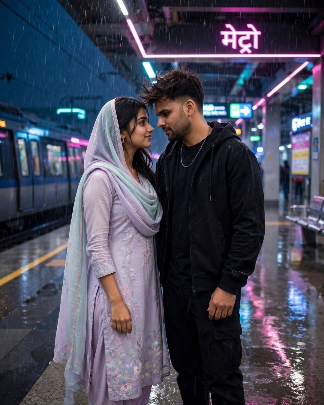 Finding their old childhood carvings still scratched — Reunion cinematic AI photo, all-black streetwear with sneakers, windswept textured hair, standing face to face, foreheads almost touching at midnight metro station; drizzle, blue hour with neon pink and cyan spill
