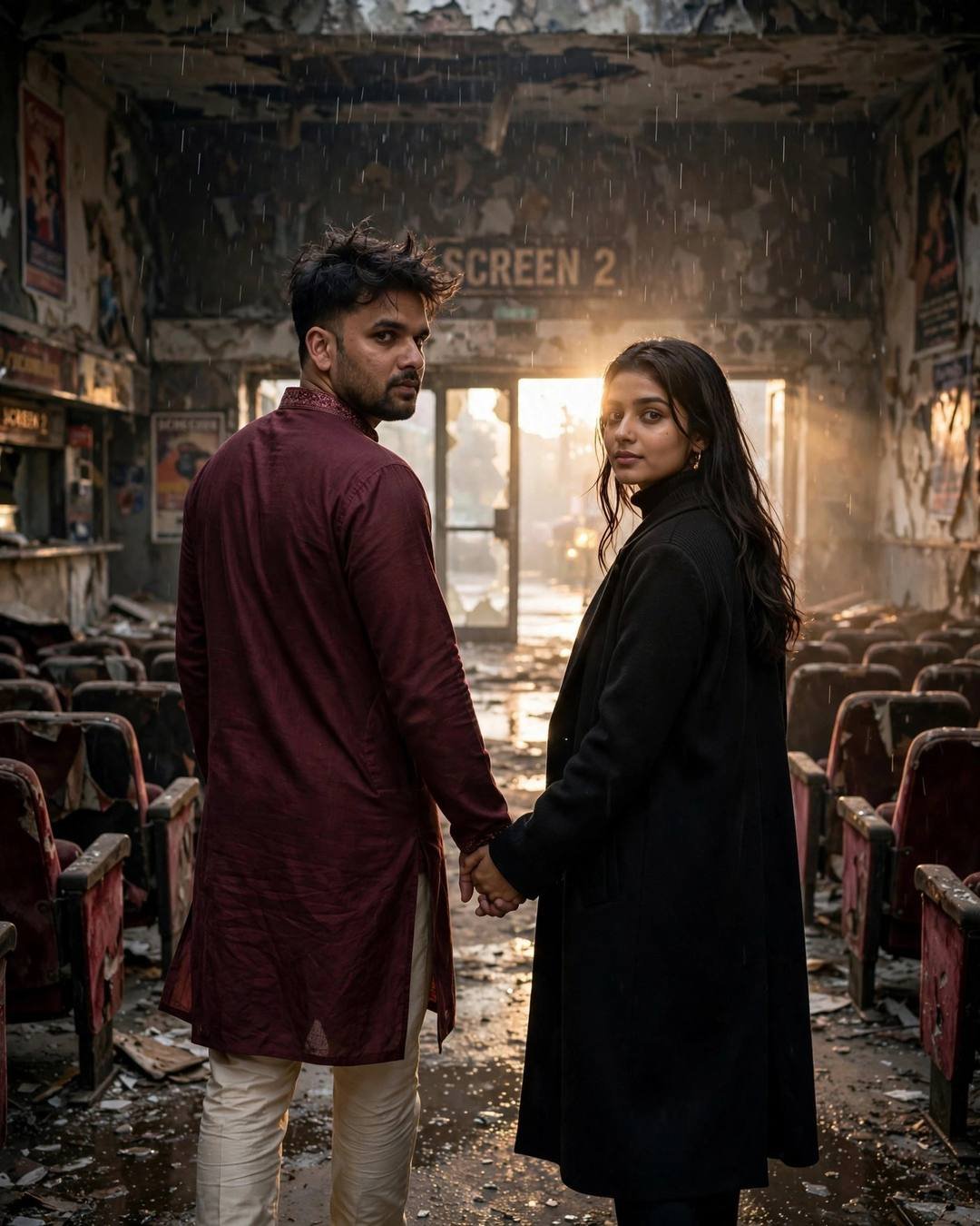 Walking slowly through their old house, touching — Reunion cinematic AI photo, maroon kurta with cream churidar, slightly messy morning hair, walking hand in hand away from the camera into the distance at abandoned cinema hall; drizzle, overcast afternoon with golden-hour backlight with lens flare