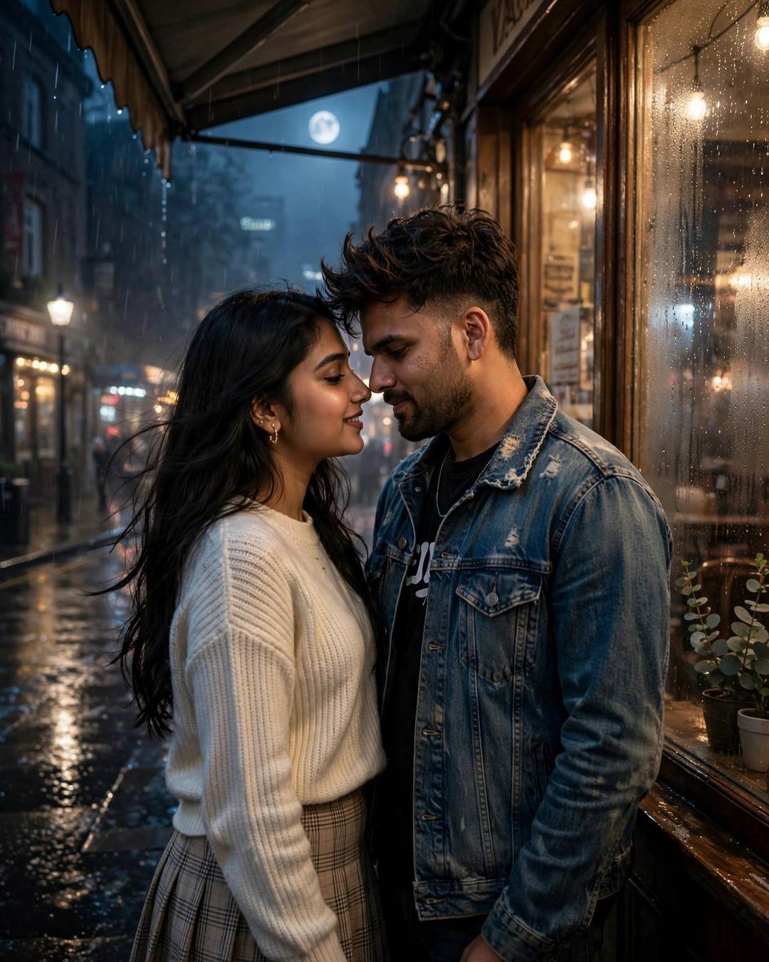 An emotional aarti at the threshold after — Reunion cinematic AI photo, distressed denim jacket over black tee, windswept textured hair, standing face to face, foreheads almost touching at old cafe by a fogged window; post-rain wet streets, late evening with moonlight with deep shadows